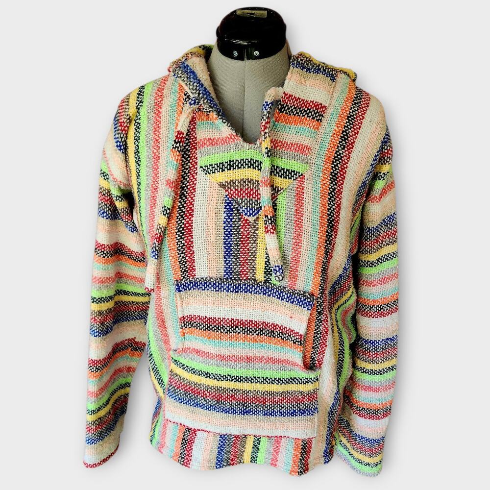 Artisan Baja Hoodie Womens L Jerga "Drug Rug" Pullover Multi-Colored Striped